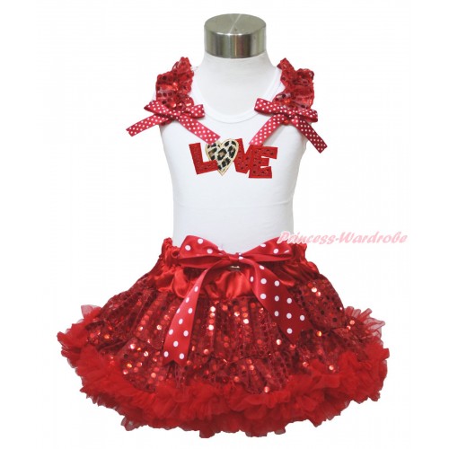 Valentine's Day White Tank Top Red Sequins Ruffles Minnie Dots Bows & Sparkle Red Leopard Love Print & Sparkle Red Sequins Pettiskirt MG1432