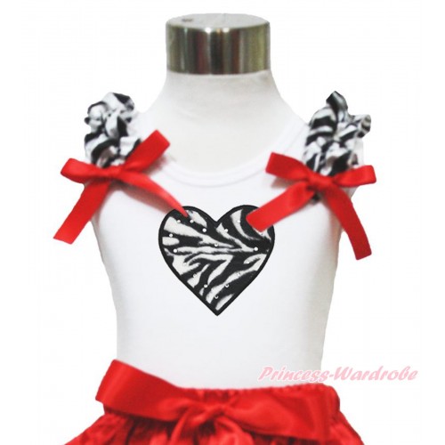 Zebra Heart White Tank Top with Zebra Ruffles and Red Bows TB124 