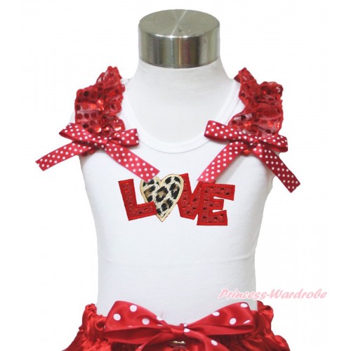 Valentine's Day White Tank Top Red Sequins Ruffles Minnie Dots Bow & Sparkle Red Leopard Love Print TB996