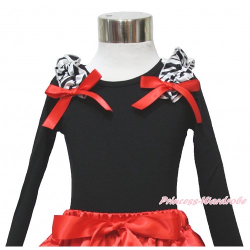 Black Long Sleeves Top Zebra Ruffles Red Bow TO411