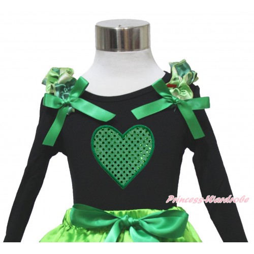 Valentine's Day Black Long Sleeves Top Anna Coronation Ruffles Kelly Green Bow & Sparkle Kelly Green Heart Print TO412