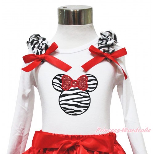 White Long Sleeves Top with Zebra Ruffles & Red Bow & Sparkle Red Zebra Minnie Print TW408 