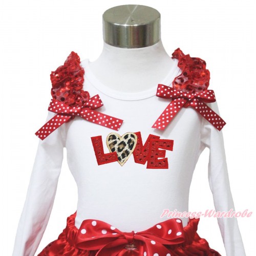 Valentine's Day White Long Sleeves Top Red Sequins Ruffles Minnie Dots Bow & Sparkle Red Leopard Love TW547