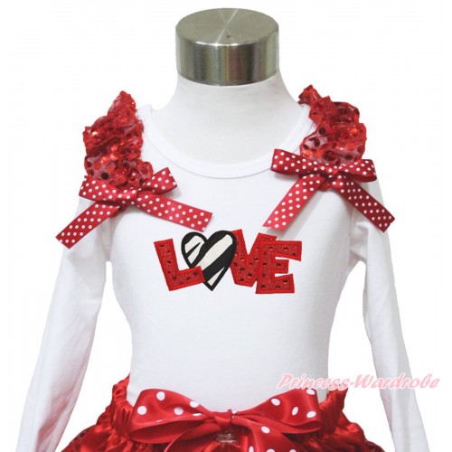 Valentine's Day White Long Sleeves Top Red Sequins Ruffles Minnie Dots Bow & Sparkle Red Zebra Love TW548