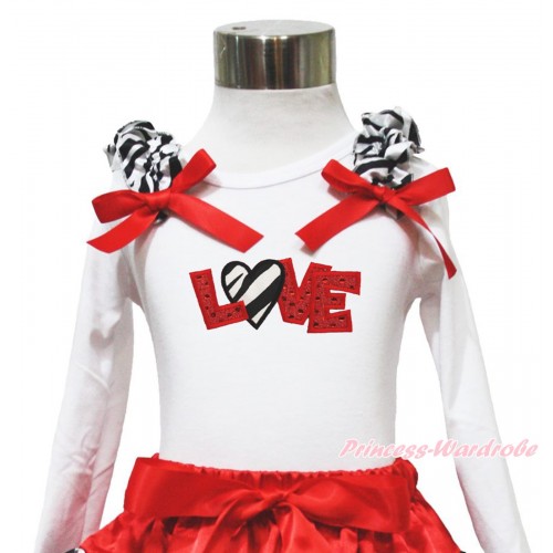Valentine's Day White Long Sleeves Top Zebra Ruffles Red Bow & Sparkle Red Zebra Love TW549