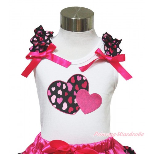 Valentine's Day White Tank Top Hot Light Pink Heart Ruffles Hot Pink Bow & Hot Pink Sweet Twin Heart Print TB641 