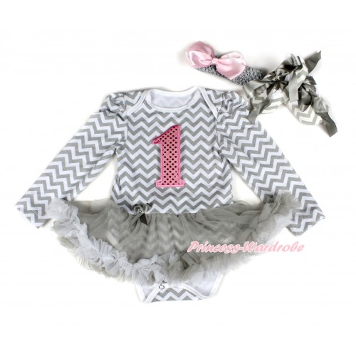 Grey White Wave Long Sleeve Baby Bodysuit Jumpsuit Grey White Pettiskirt With 1st Sparkle Light Pink Birthday Number Print With Grey Headband Light Pink Silk Bow & Grey Ribbon Grey White Wave Shoes JS2257 