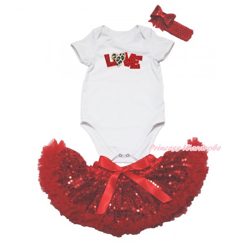 Valentine's Day White Baby Jumpsuit & Sparkle Red Leopard Heart & Sparkle Bling Red Sequins Newborn Pettiskirt & Red Headband Sequins Bow JN40