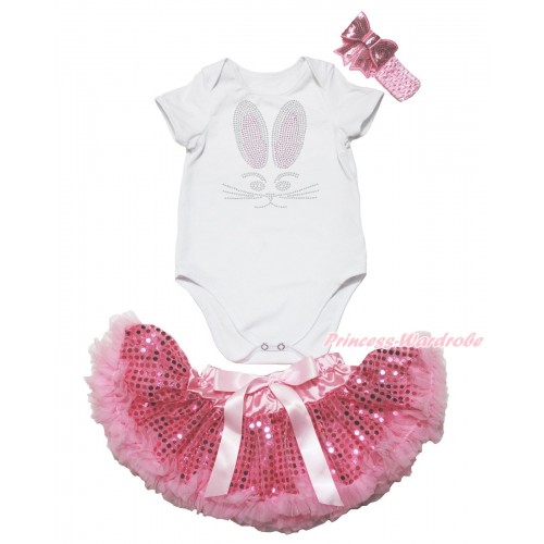 Easter White Baby Jumpsuit & Rhinestone Bunny Rabbit Print & Sparkle Bling Light Pink Sequins Newborn Pettiskirt & Light Pink Headband Sequins Bow JN42