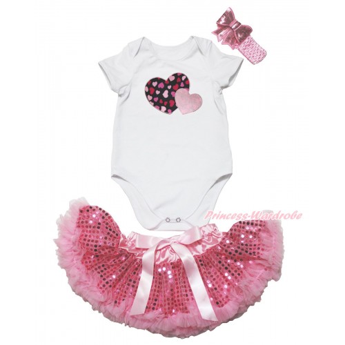 Valentine's Day White Baby Jumpsuit & Light Pink Sweet Twin Heart & Sparkle Bling Light Pink Sequins Newborn Pettiskirt & Light Pink Headband Sequins Bow JN49