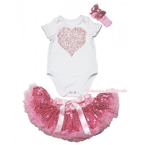 Valentine's Day White Baby Jumpsuit & Rhinestone Rainbow Heart & Sparkle Bling Light Pink Sequins Newborn Pettiskirt & Light Pink Headband Sequins Bow JN50