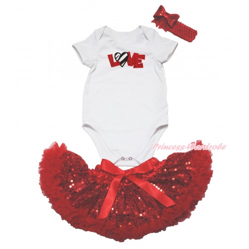 Valentine's Day White Baby Jumpsuit & Sparkle Red Zebra Love & Sparkle Bling Red Sequins Newborn Pettiskirt & Red Headband Sequins Bow JN56