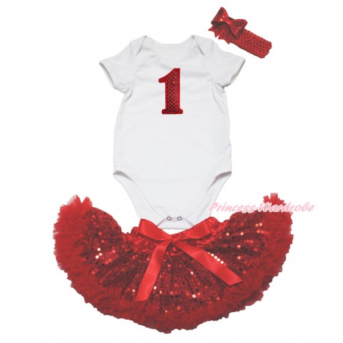 White Baby Jumpsuit & 1st Sparkle Red Birthday Number & Sparkle Bling Red Sequins Newborn Pettiskirt & Red Headband Sequins Bow JN58