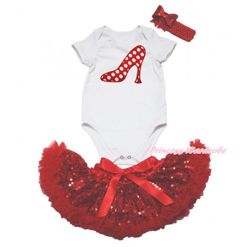 White Baby Jumpsuit & Minnie Dots High Heel Shoes & Sparkle Bling Red Sequins Newborn Pettiskirt & Red Headband Sequins Bow JN59