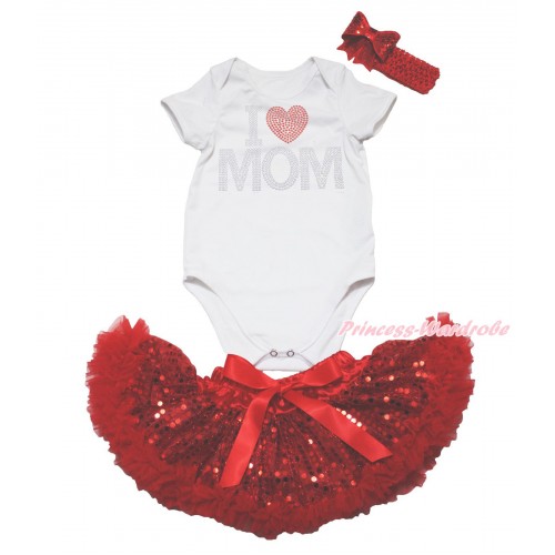 Mother's Day White Baby Jumpsuit & Rhinestone I Love Mom & Sparkle Bling Red Sequins Newborn Pettiskirt & Red Headband Sequins Bow JN60