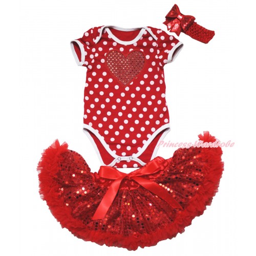 Valentine's Day Minnie Dots Baby Jumpsuit & Sparkle Red Heart & Sparkle Bling Red Sequins Newborn Pettiskirt & Red Headband Sequins Bow JN61