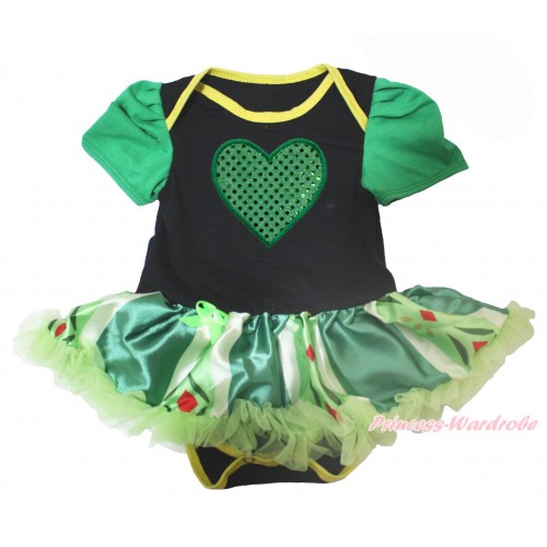 Valentine's Day Black Baby Bodysuit Anna Green Coronation Pettiskirt & Sparkle Kelly Green Heart Print JS4241