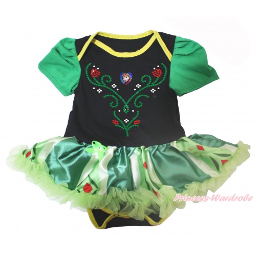 Frozen Black Baby Bodysuit Anna Green Coronation Pettiskirt & Sparkle Rhinestone Princess Anna & Heart Print JS4243