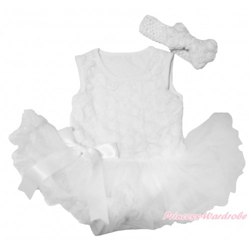 Valentine's Day White Romantic Rose Sleeveless Baby Bodysuit Pettiskirt & Bow & White Headband Rose Bow JS4262