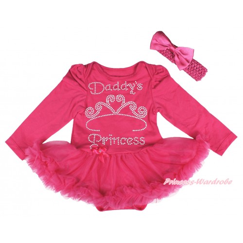 Valentine's Day Hot Pink Long Sleeve Bodysuit Pettiskirt & Sparkle Rhinestone Daddy's Princess Print JS4301