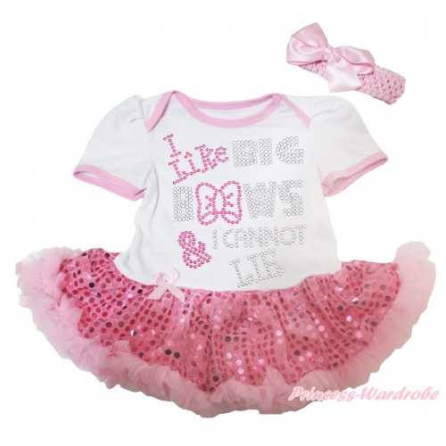 White Baby Bodysuit Sparkle Light Pink Sequins Pettiskirt & Sparkle Rhinestone I LIke Big Bows Print JS4309
