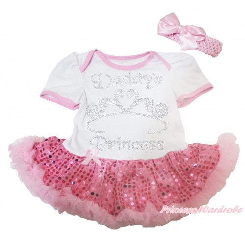Valentine's Day White Baby Bodysuit Sparkle Light Pink Sequins Pettiskirt & Sparkle Rhinestone Daddy's Princess Print JS4311