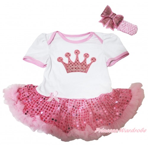 Valentine's Day White Baby Bodysuit Sparkle Light Pink Sequins Pettiskirt & Sparkle Pink Daddy's Princess Crown Print JS4312