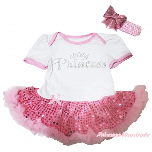 White Baby Bodysuit Sparkle Light Pink Sequins Pettiskirt & Sparkle Rhinestone Princess Print JS4313