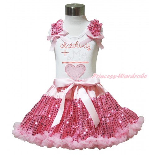 Valentine's Day White Tank Top Light Pink Sequins Ruffles Light Pink Bows & Rhinestone Daddy Plus Me Is Light Pink Heart Print & Bling Light Pink Sequins Pettiskirt MG1453