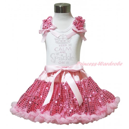 White Tank Top Light Pink Sequins Ruffles Light Pink Bows & Rhinestone Keep Calm And Sparkle On Print & Bling Light Pink Sequins Pettiskirt MG1456