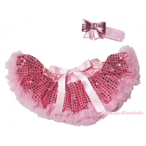 Light Pink Sparkle Bling Sequins Newborn Pettiskirt & Light Pink Headband Sequins Bow N242