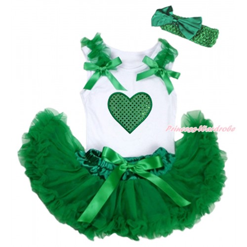 Valentine's Day White Baby Pettitop Kelly Green Ruffles & Bows & Sparkle Kelly Green Heart Print & Kelly Green Newborn Pettiskirt NN250