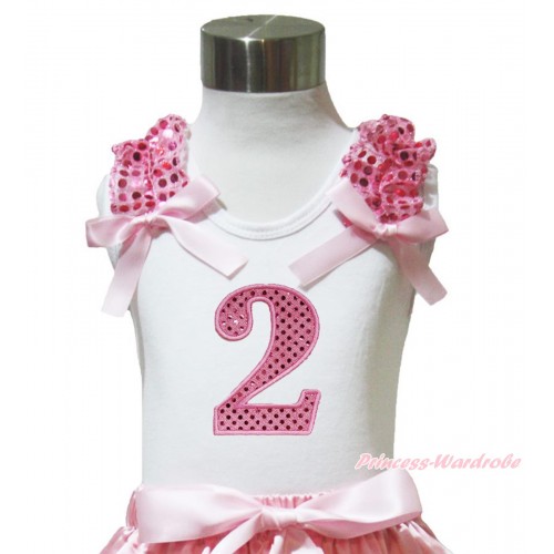 White Tank Top Light Pink Sequins Ruffles Light Pink Bow & 2nd Sparkle Light Pink Birthday Number Print TB1004
