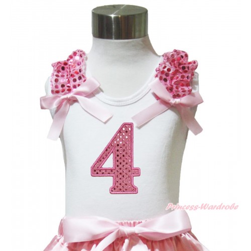 White Tank Top Light Pink Sequins Ruffles Light Pink Bow & 4th Sparkle Light Pink Birthday Number Print TB1006