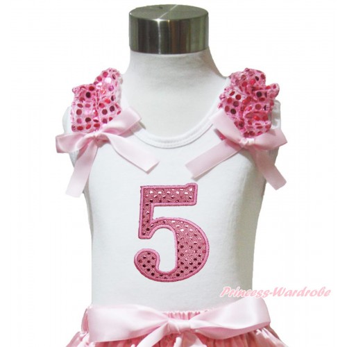 White Tank Top Light Pink Sequins Ruffles Light Pink Bow & 5th Sparkle Light Pink Birthday Number Print TB1007