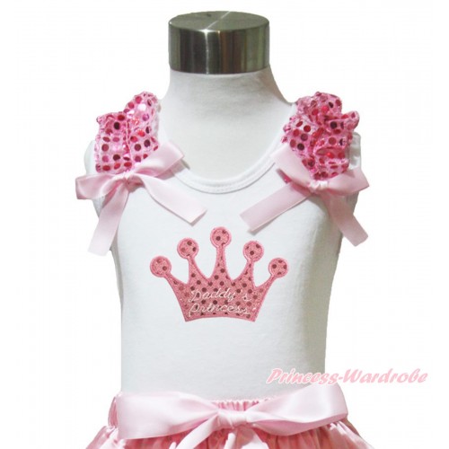 Valentine's Day White Tank Top Light Pink Sequins Ruffles Light Pink Bow & Sparkle Pink Daddy's Princess Crown Print TB1017