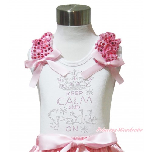 White Tank Top Light Pink Sequins Ruffles Light Pink Bow & Rhinetone Keep Calm And Sparkle On Print TB1018