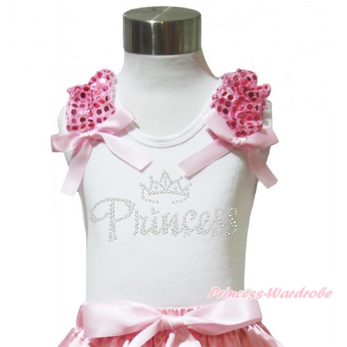 White Tank Top Light Pink Sequins Ruffles Light Pink Bow & Sparkle Rhinestone Princess Print TB1022