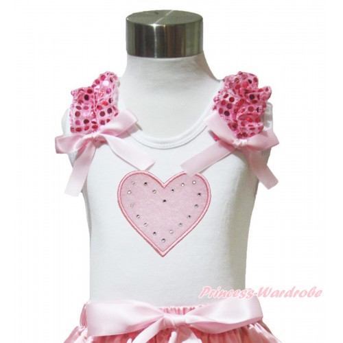 Valentine's Day White Tank Top Light Pink Sequins Ruffles Light Pink Bow & Light Pink Heart Print TB1023