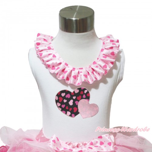 Valentine's Day White Tank Tops Light Hot Pink Heart Satin Lacing & Light Pink Sweet Twin Heart Print TB1027