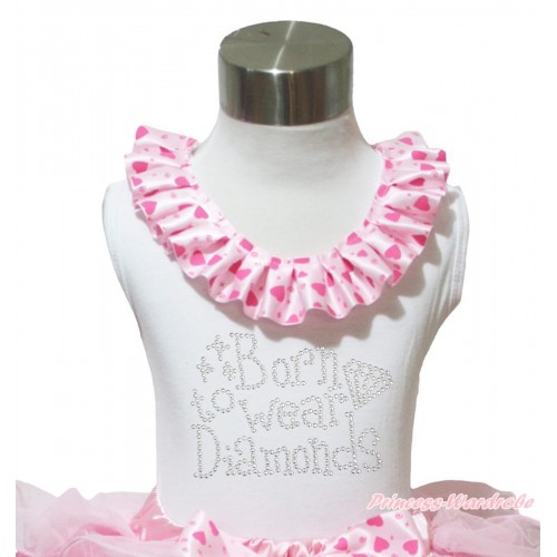 White Tank Tops Light Hot Pink Heart Satin Lacing & Sparkle Rhinestone Born To Wear Diamonds Print TB1028