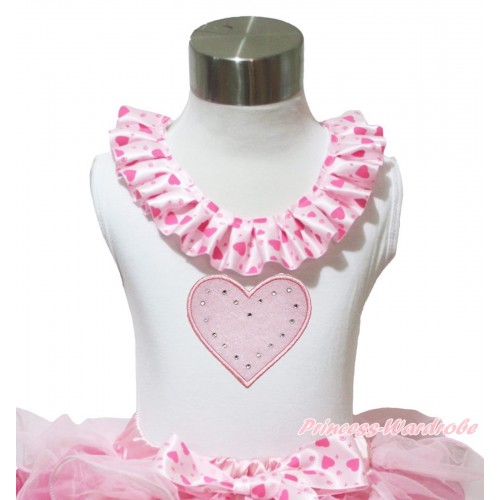 Valentine's Day White Tank Tops Light Hot Pink Heart Satin Lacing & Light Pink Heart Print TB1029
