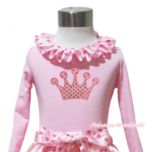 Light Pink Long Sleeves Top Light Hot Pink Heart Lacing & Sparkle Light Pink Crown Print TW558