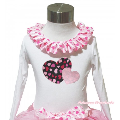 Valentine's Day White Long Sleeves Top Light Hot Pink Heart Lacing & Light Pink Sweet Twin Heart Print TW564