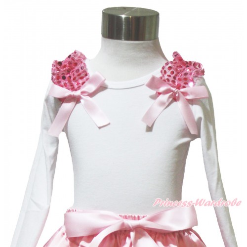 White Long Sleeves Top Light Pink Sequins Ruffles Light Pink Bow TW568