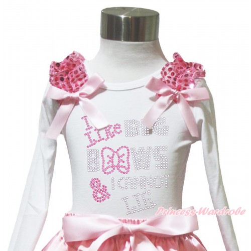 White Long Sleeves Top Light Pink Sequins Ruffles Light Pink Bow & Sparkle Rhinestone I Like Big Bows TW569
