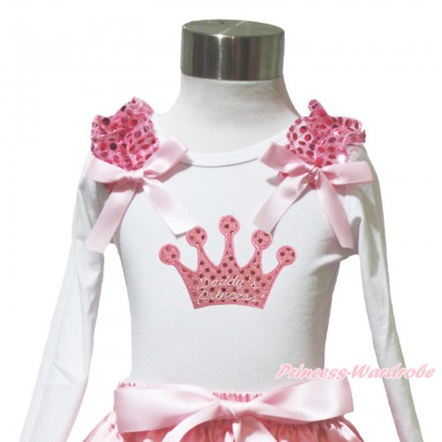 Valentine's Day White Long Sleeves Top Light Pink Sequins Ruffles Light Pink Bow & Sparkle Pink Daddy's Princess Crown TW571