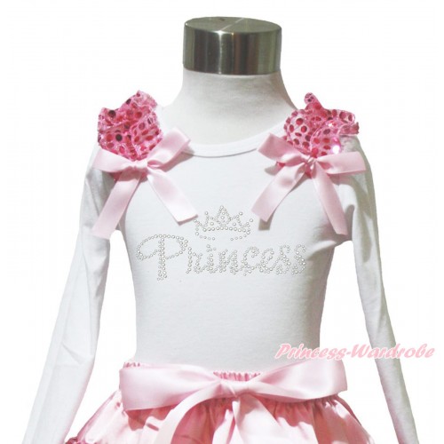 White Long Sleeves Top Light Pink Sequins Ruffles Light Pink Bow & Sparkle Rhinestone Princess TW576