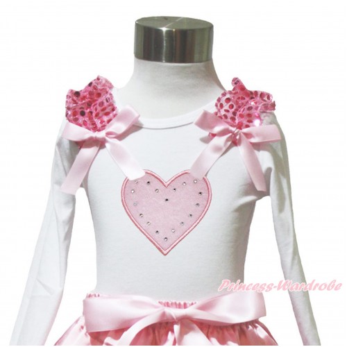 Valentine's Day White Long Sleeves Top Light Pink Sequins Ruffles Light Pink Bow & Light Pink Heart TW577
