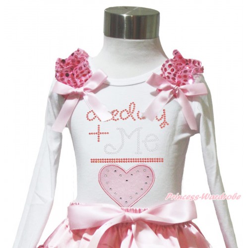 Valentine's Day White Long Sleeves Top Light Pink Sequins Ruffles Light Pink Bow & Sparkle Rhinestone Daddy Plus Me Is Love TW578